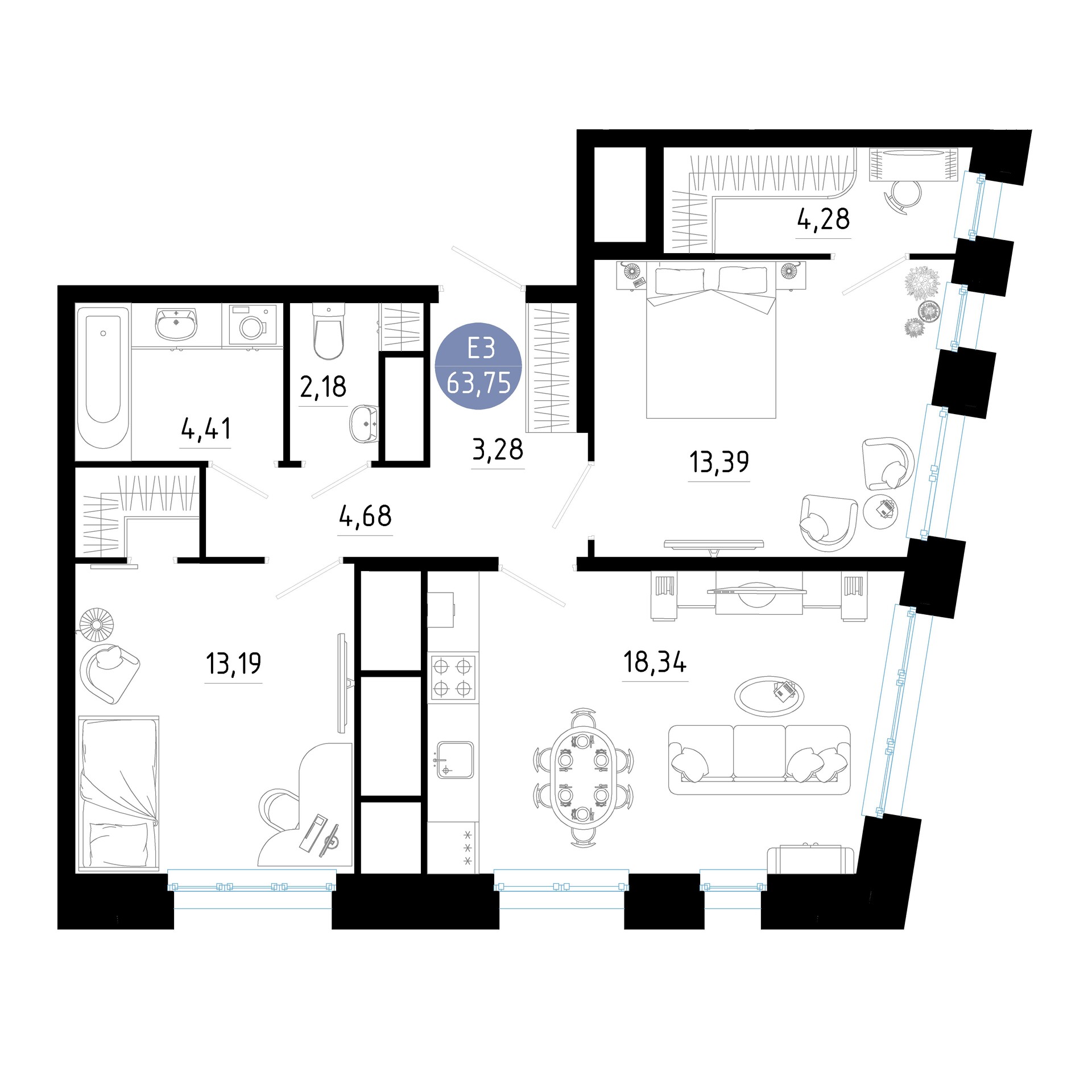 Квартира с двумя спальнями и гостиной 64м² (Евро-3)